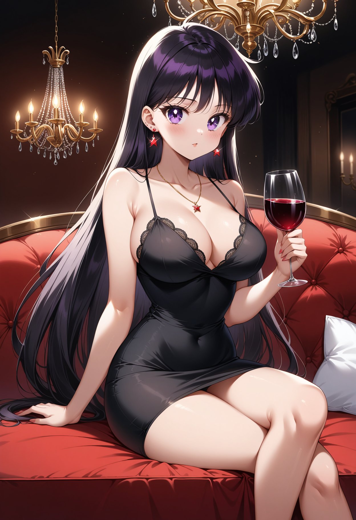 (masterpiece, best quality, very aesthetic, ultra detailed), intricate details, 4k, aamars, long hair, black hair, earrings, <lora:sailor_mars_animaginexl_v1:0.9>, taut dress, spaghetti strap, sleeveless, sitting, necklace, indoors, sofa, chandelier, holding cup, wine glass