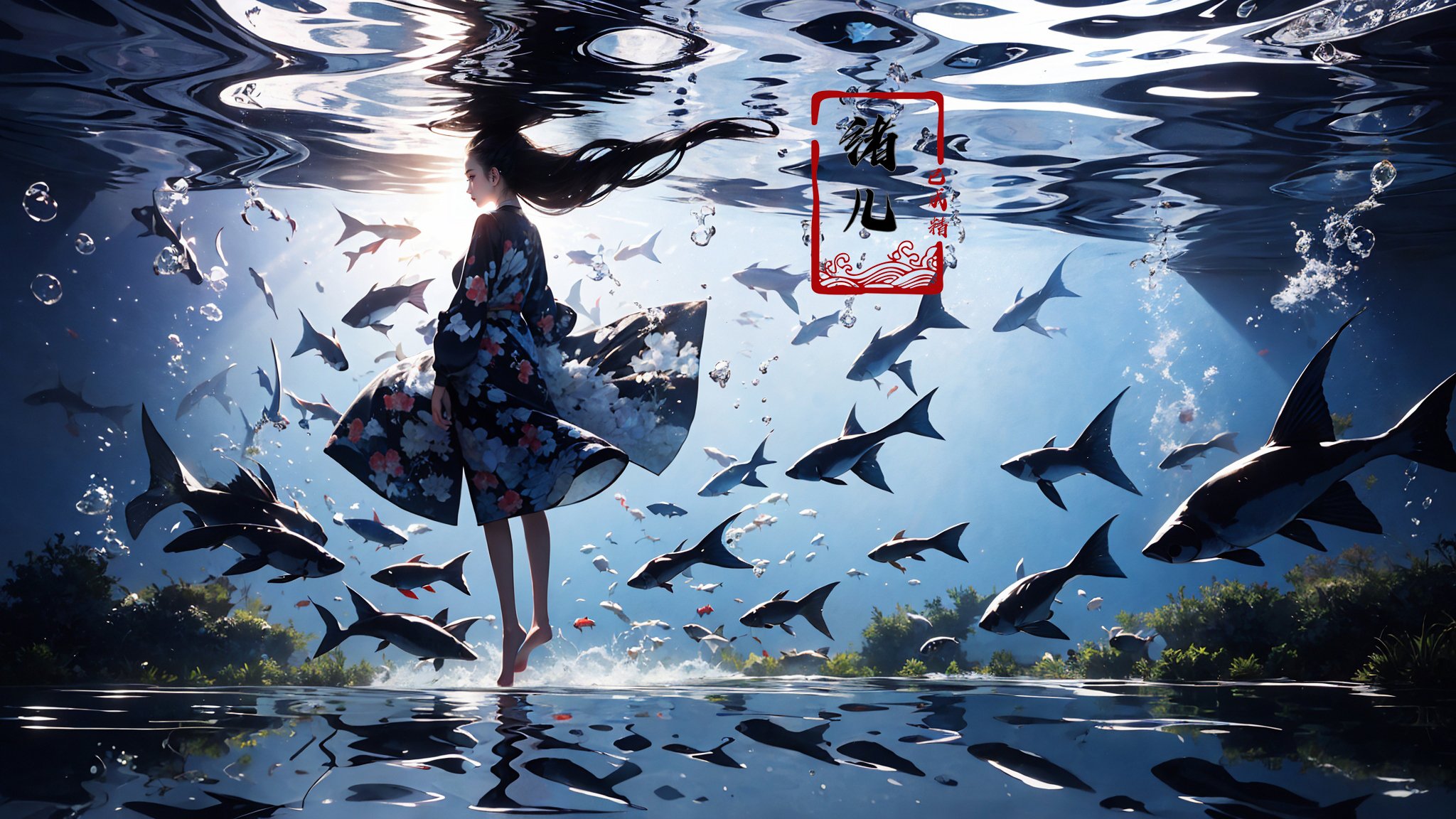 long hair, fish, black hair, 1girl, solo, water, standing, reflection, long sleeves, koi, walking, barefoot, underwater，<lora:绪儿-海底世界 Underwater world:0.8>