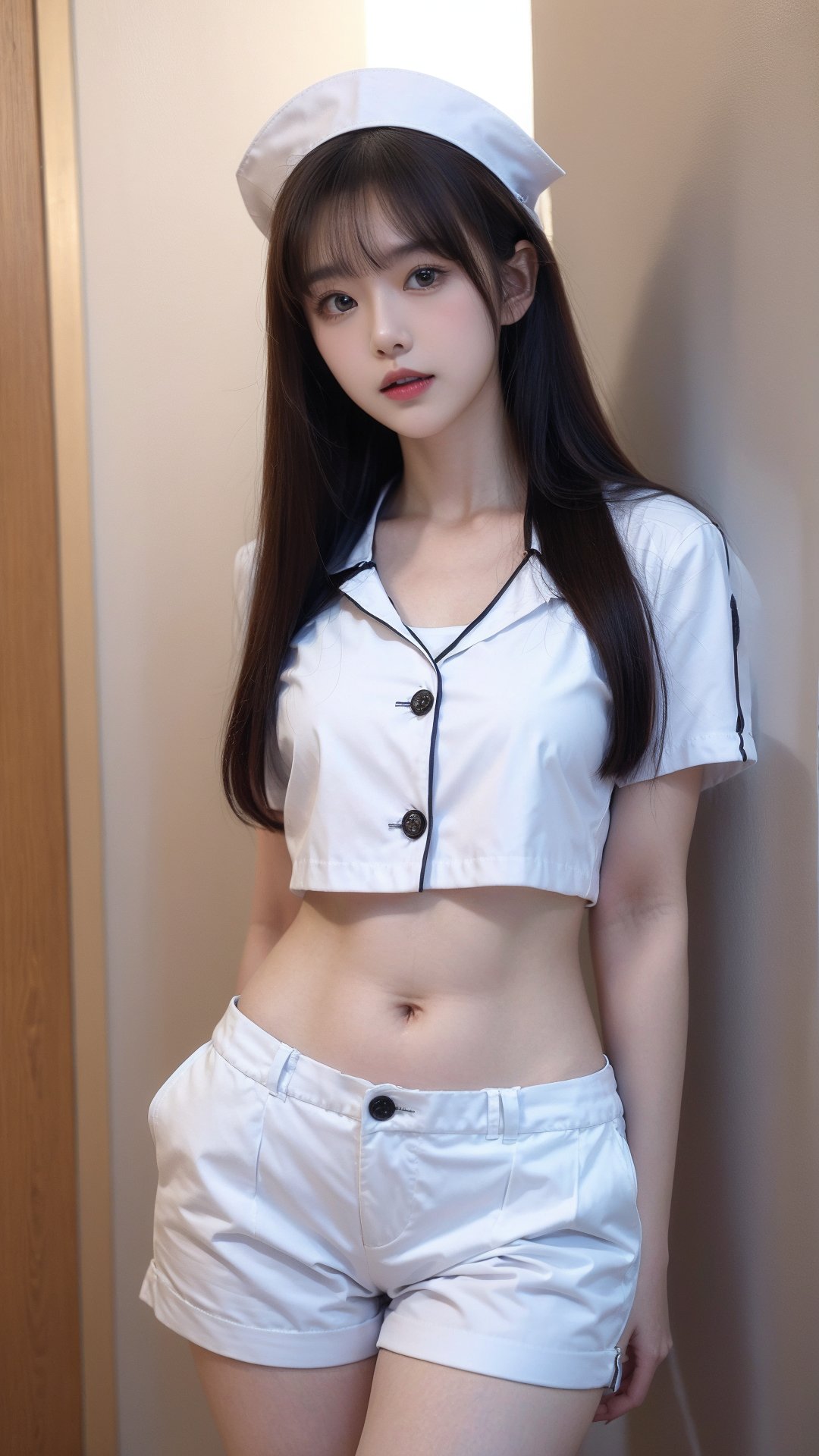 <lora:meinv216:0.8>,1girl,solo,navel,shorts,thighhighs,white shorts,breasts,realistic,long hair,midriff,hat,crop top,white thighhighs,brown hair,short shorts,nurse,looking at viewer,nurse cap,parted lips,