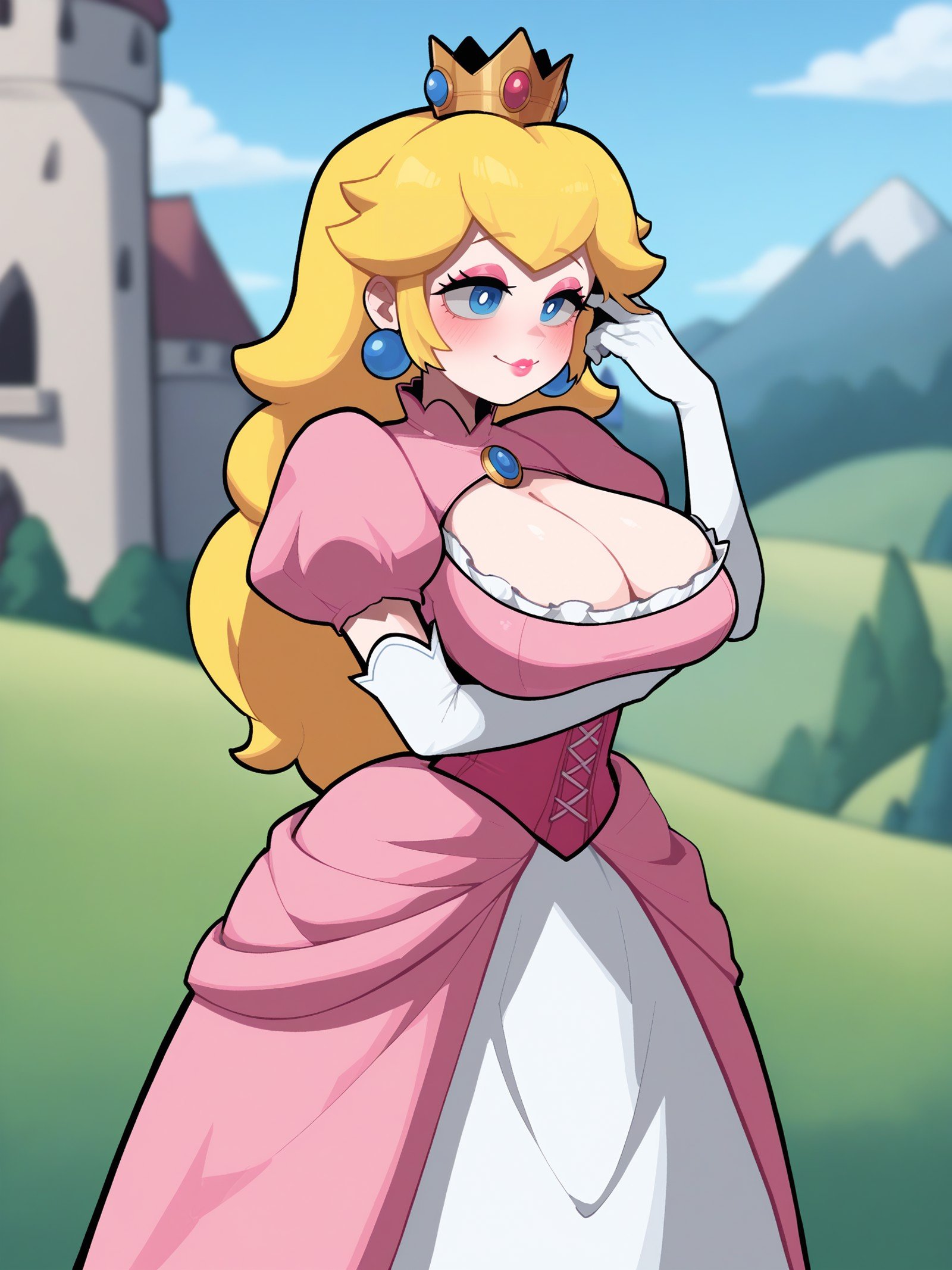 score_9, score_8_up, score_7_up, score_6_up, score_5_up, score_4_up,BREAKprincess peach, light blue eyes, blonde hair, crown, pink lips, pink eyeshadow, blue earrings, shy, flustered, blush, smile, half-closed eyes, lustful,BREAKsolo, standing, huge breasts, princess dress, pink dress, white frills, frilled dress, puffy sleeves, cleavage cutout, cleavage, white elbow gloves, long dress, long skirt, breast hold, pink corset, adjusting hair, sagging breasts,BREAKcastle, day, blue sky, clouds, blurry background, depth of field, <lora:Lunas-MinLona-SDXL-A1:1>