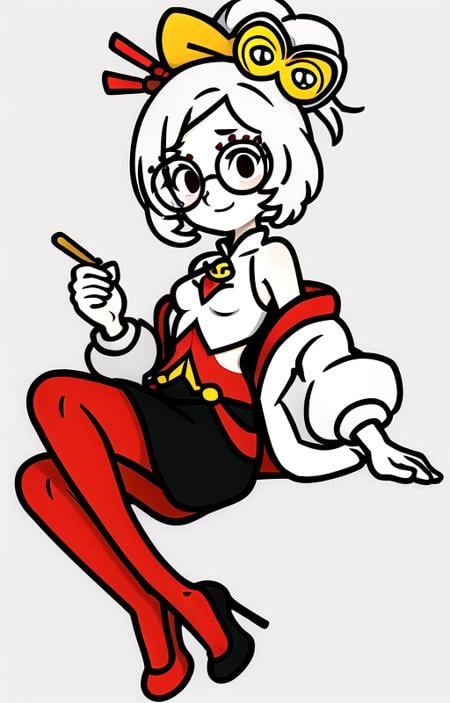 purah, 1girl, red glasses, hair ornament, hair stick, red headband, white shirt, bare shoulders, white jacket, black skirt, orange leggings, high heels, <lora:RhythmHeavenV1.1:0.7>, <lora:purah-nvwls-v3-final:0.7>,