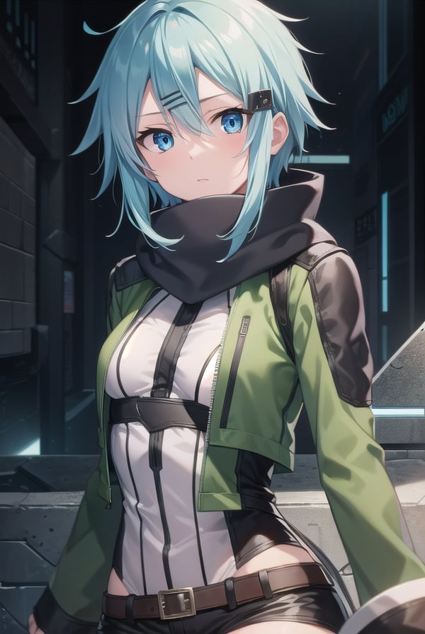 shinoasada, <lora:shinoasada-lora-nochekaiser:1>, sinon, blue eyes, blue hair, hair ornament, hair between eyes, hairclip, short hair, sidelocks, (small breast:1.2),BREAK black footwear, black gloves, black shorts, boots, fingerless gloves, gloves, green jacket, green legwear, jacket, leotard, long sleeves, open clothes, open jacket, scarf, short shorts, shorts, thigh strap, white scarf,BREAK looking at viewer,BREAK outdoors,BREAK <lyco:GoodHands-beta2:1>, (masterpiece:1.2), best quality, high resolution, unity 8k wallpaper, (illustration:0.8), (beautiful detailed eyes:1.6), extremely detailed face, perfect lighting, extremely detailed CG, (perfect hands, perfect anatomy),