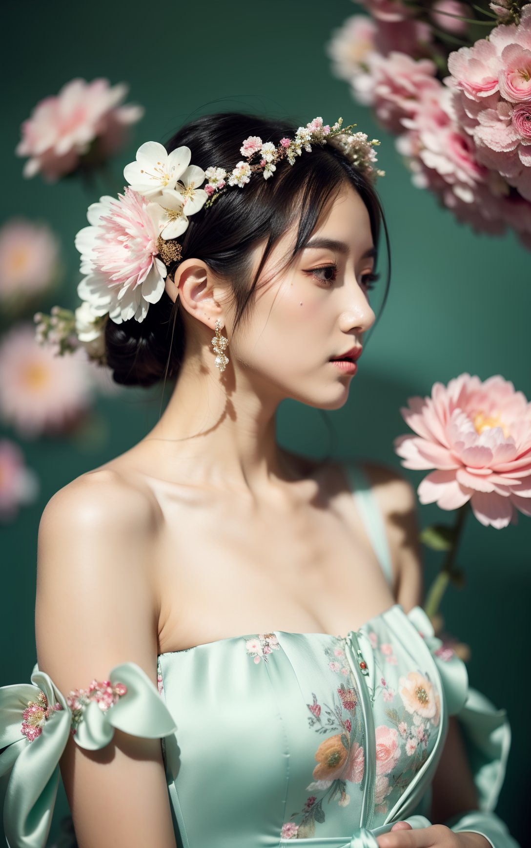 (masterpiece, top quality, best quality, official art, beautiful and aesthetic:1.2),cover art,a woman in a dress with a flower on it's chest and a flower on her head and a flower in her hair,1girl,flower,cherry blossoms,solo,snowflakes,bare shoulders,