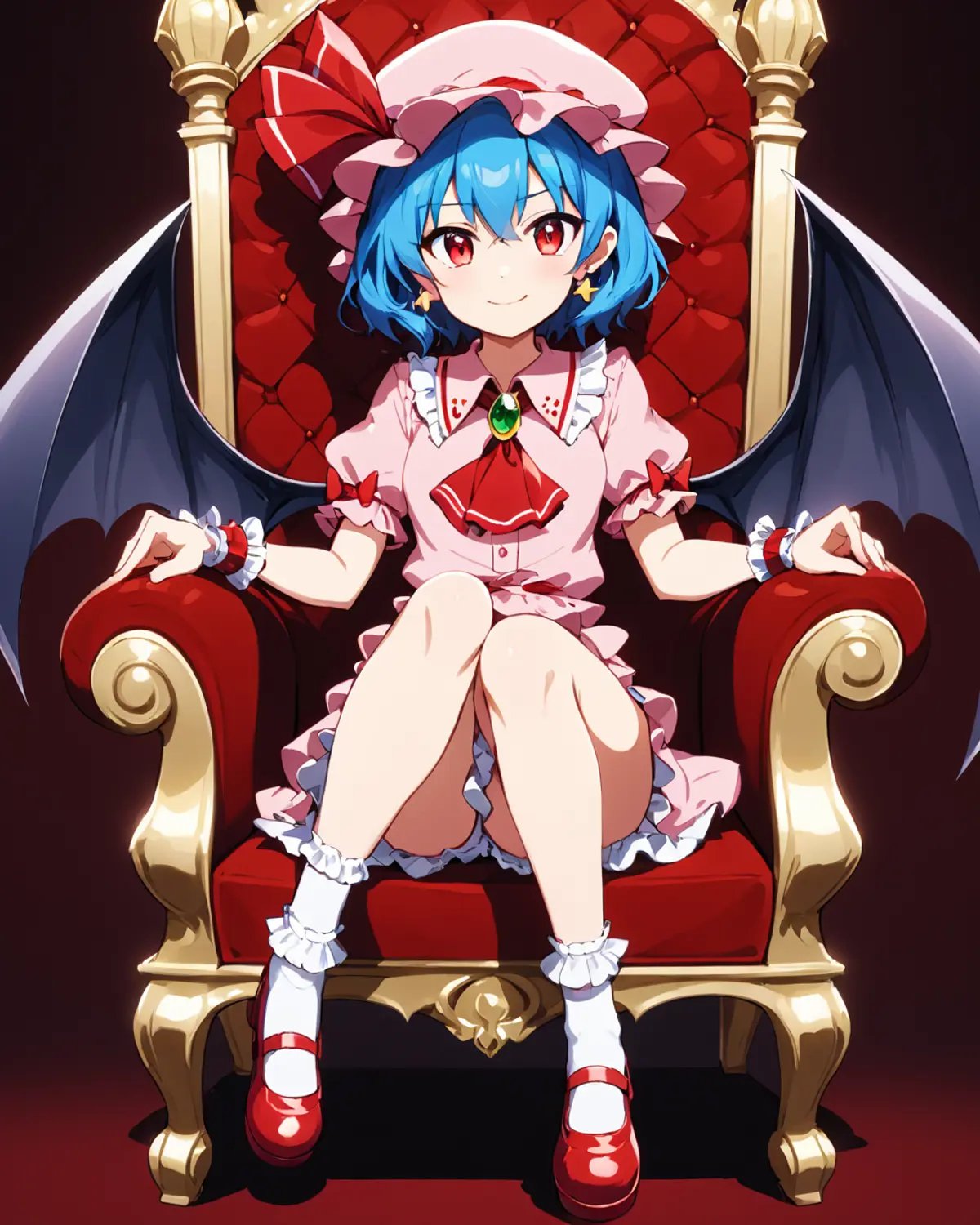 remilia scarlet,1girl, solo, wine_glass, sitting, crossed_legs, bloomers, wrist_cuffs, bat_wings, mob_cap, shoes, looking_at_viewer, ascot, earrings, brooch, hat_ribbon, wine, throne, pink_dress, smile, short_sleeves, puffy_sleeves, chair, red_footwear, white_socks, fang<lora:remilia_scarlet_image7486_2023-12-11:1>,star-shaped_pupils,symbol-shaped_pupils,. gorgeous,key visual, vibrant, studio anime,award-winning, professional, highly detailed,high budget, cinemascope