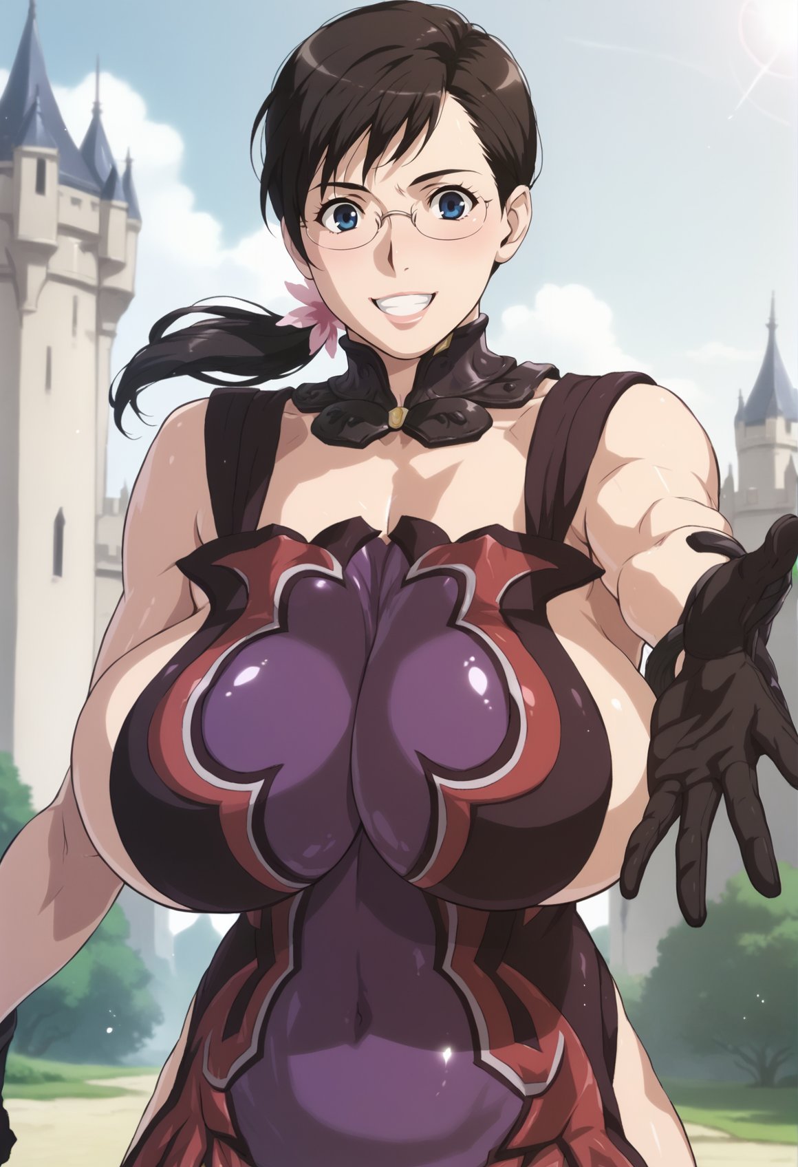 1girl, solo, long hair, black hair, low ponytail, blue eyes, swept bangs, glasses, huge breasts, detached collar, leotard, single gauntlet, single glove, upper body, gentle smile, reaching towards viewer, incoming hug, outdoors, cowboy shot, castle  <lora:Cattleya_XL:1>, score_9, score_8_up, score_7_up, score_6_up, score_5_up, score_4_up, BREAK source_anime, masterpiece