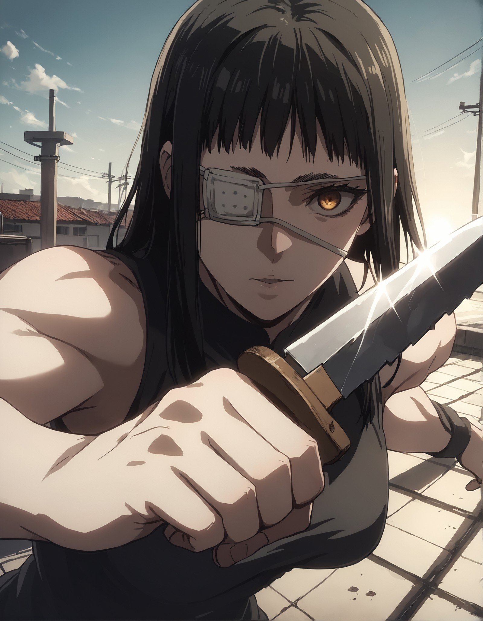 score_9, score_8_up, score_7_up,score_6_up,high resolution,source_anime,s0fiavalm3t,1girl,eyepatch,black hair,long hair,,on a rooftop,volumetric lighting,rim lighting,dof,dramatic shadow,close-up,dynamic pose,looking at viewer,pov,holding knife,fighting stance