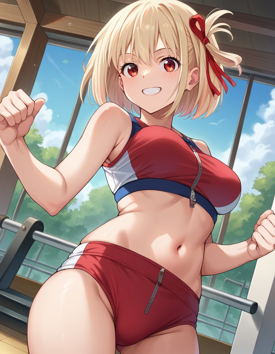 score_9, score_8_up, score_7_up, source_anime, chisatonishikigi, <lora:chisato-nishikigi-ponyxl-lora-nochekaiser:1>, chisato nishikigi, short hair, bangs, blonde hair, red eyes, hair ribbon, one side up, bob cut, smile, navel, bare shoulders, thighs, stomach, crop top, buruma, sportswear, zipper pull tab, red buruma, sports bikini, indoors, gym, looking at viewer, cowboy shot, dutch angle, dynamic pose,