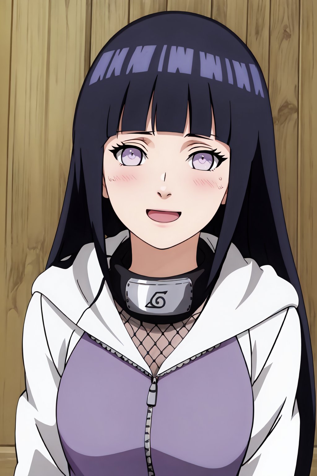 HinataHyuga, 4k, absurd, high resolution, very high resolution, high definition, masterpiece, 1girl, solo, long hair, looking at viewer, blush, :d, black hair, purple eyes, upper body, hood, blunt bangs, hoodie, hood down, fishnets, white eyes, no pupils, forehead protector, konohagakure symbol, hyuuga hinata<lora:EMS-396615-EMS:0.800000>