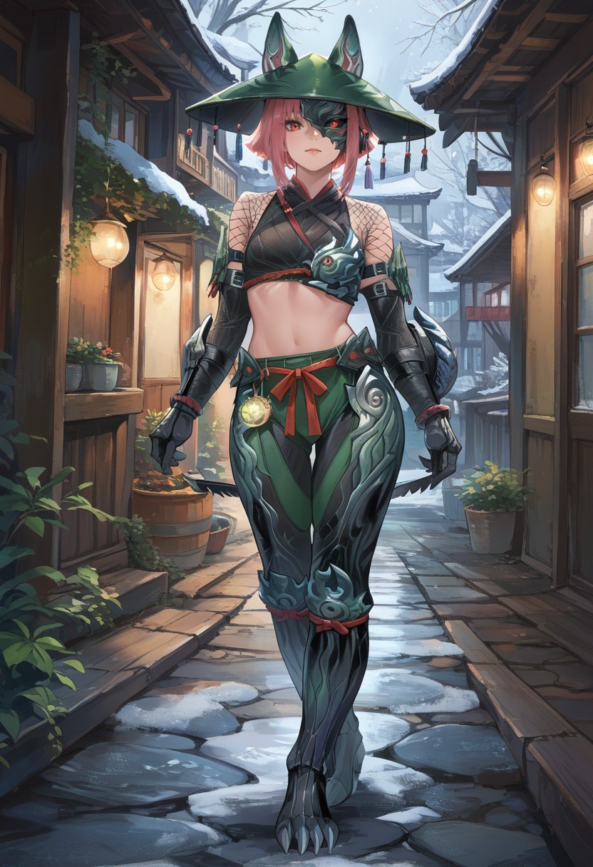 source_furry,(score_9:0.9),score_8_up,score_7_up,rating_safe,anime style,(zPDXL),<lora:Ex Odogaron Armor ponyXL v1.2:0.78>,ex odogaron armor,green headwear,black mask,green gloves,green crop top,fishnets,green pants,green knee boots,glowing,solo,standing,1girl,red eyes,indoors,full body,ice,snow,looking at viewer,pink hair,green animal ears,one eye covered,short hair,outdoors,thigh cutout