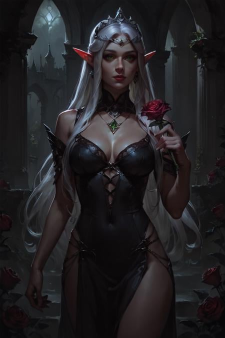 score_9, score_8_up, score_7_up, rating_safe, concept art, realistic, dark theme, low light, 1girl, solo, elf, pointy ears, breasts, long hair, very long hair, white hair, green eyes, portrait, looking at viewer, black dress, tiara, silver tiara, holding, holding flower, rose, red rose, necklace, jewelry, cowboy shot, standing, outdoors, castle <lora:Concept Art DarkSide Style LoRA_Pony XL v6:1>