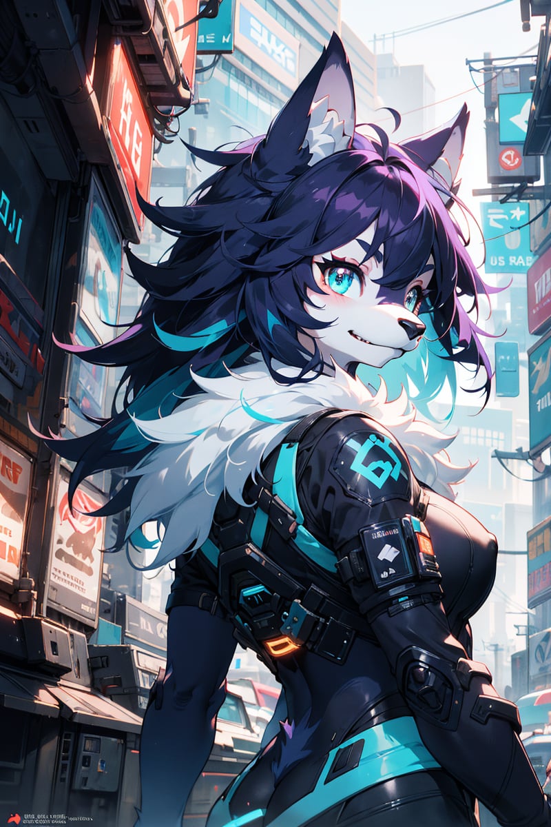 from font body,upper body,best quality,(official art,masterpiece,ultra detailed 8k art),fantasy,cyberpunk,(furry,anthro,Fluffy body:1.3),(Fluffy),(fluffy best hands:0.7),focus 1 furry wolf female,wolf ears, serious, halo, purple hair, blue inner color,long side hair, aqua eyes, messy hair,(midnight), looking at viewer