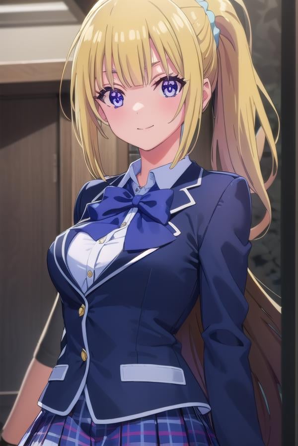 keikaruizawa, <lora:kei karuizawa s2-lora-nochekaiser:1>, kei karuizawa, long hair, bangs, blunt bangs, (purple eyes:1.1), blonde hair, shirt, hair ornament, ponytail, scrunchie, blue scrunchie, smile,BREAK skirt, shirt, bow, school uniform, jacket, (red jacket:1.2), pleated skirt, bowtie, sweater, (blue bow:1.2), (blue shirt:1.2),BREAK indoors, classroom,BREAK looking at viewer, (cowboy shot:1.5),BREAK <lyco:GoodHands-beta2:1>, (masterpiece:1.2), best quality, high resolution, unity 8k wallpaper, (illustration:0.8), (beautiful detailed eyes:1.6), extremely detailed face, perfect lighting, extremely detailed CG, (perfect hands, perfect anatomy),