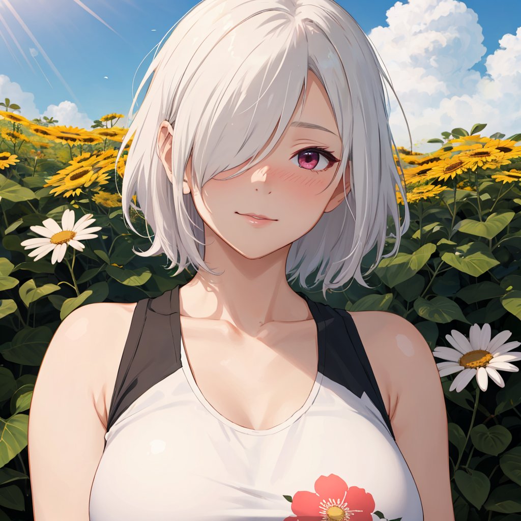 1girl, mature female, mature face, reddish pink eyes, white hair, short hair, (hair over one eye:1.3), nose blush, large breast, upper body, black tank top, floral print, day, sunlight, clouds