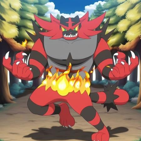 inceroar, fire, smile, claws, no humans, tree, looking at viewer, white background, muscular