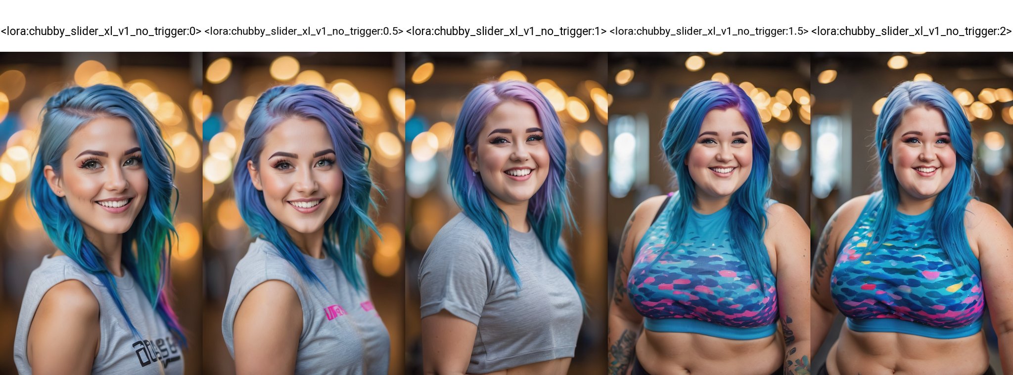 (best quality, 4k, 8k, highres, masterpiece:1.2), ultra-detailed, woman, smiling, blue hair, gym clothes, vivid colors, colorful, bokeh, portraits, studio lighting, ultra-fine painting, sharp focus, extremely detailed eyes and face, detailed lips, beautiful detailed eyes,(long eyelashes) <lora:chubby_slider_xl_v1_no_trigger:0>