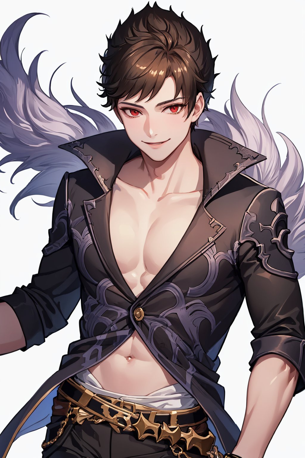 masterpiece,best quality, highly detailed, belial (granblue fantasy),1boy,solo,male focus,feather boa,looking at viewer,smile,pectoral cleavage,black shirt<lora:belial_(granblue_fantasy):1>,simple background,white background