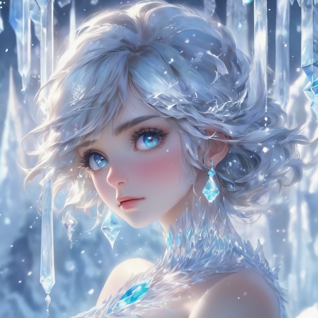 (masterpiece),(best quality),(super fine illustration),(beautiful and detailed eyes),{very detailed light},{painting},{{very fine 8K CG wallpaper}},anime,1girl,solo,beautiful detailed ice,beautiful detailed water,ice palace,galaxy,gem,jewelry,necklace,2d,quadratic style,