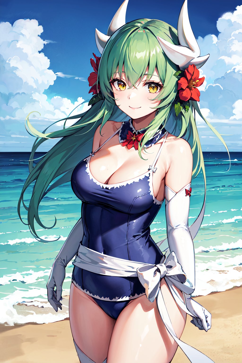 masterpiece, best quality, highres, bbkiyo, long hair, green hair, white horns, hair flower, yellow eyes, detached collar, cleavage, school swimsuit, blue one-piece swimsuit, elbow gloves, white gloves, white bow, <lora:kiyohime_(lancer)_v1:0.7>, standing, cowboy shot, smile, beach