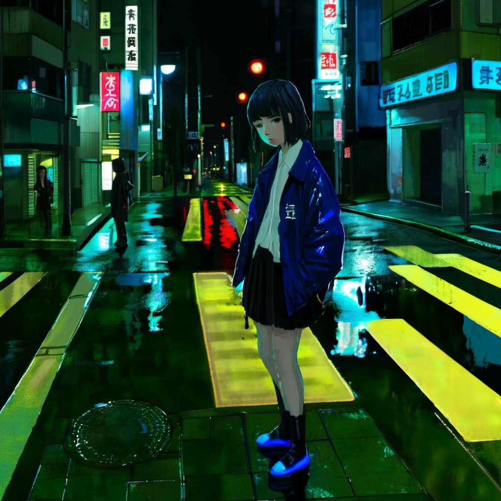 <lora:loneliness_xl_v2:0.8>,The image depicts a nighttime urban scene,possibly in a city in Japan. The streets are wet,reflecting the neon lights from the buildings and streetlights. A young female character with dark hair and a blue jacket stands prominently in the foreground,looking to her right. She is wearing black shoes and has a somewhat contemplative expression. The buildings around her are tall,with various signs and lights illuminating the scene. The overall color palette is dominated by cool tones,with the neon lights providing a stark contrast.,nighttime urban scene,possibly in Japan,wet streets,neon lights,young female character,blue jacket,black shoes,contemplative expression,tall buildings,signs,light,