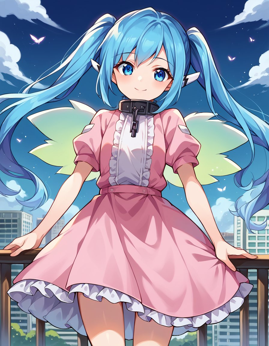 score_9, score_8_up, score_7_up, source_anime,otoshimononymph, <lora:otoshimono-nymph-ponyxl-lora-nochekaiser:1>,nymph, blue eyes, blue hair, long hair, long twintails, robot ears, twintails, two side up, wings,dress, pink dress, frilled dress, short sleeves,outdoors, cityscape, smile,looking at viewer, cowboy shot, dutch angle, solo,