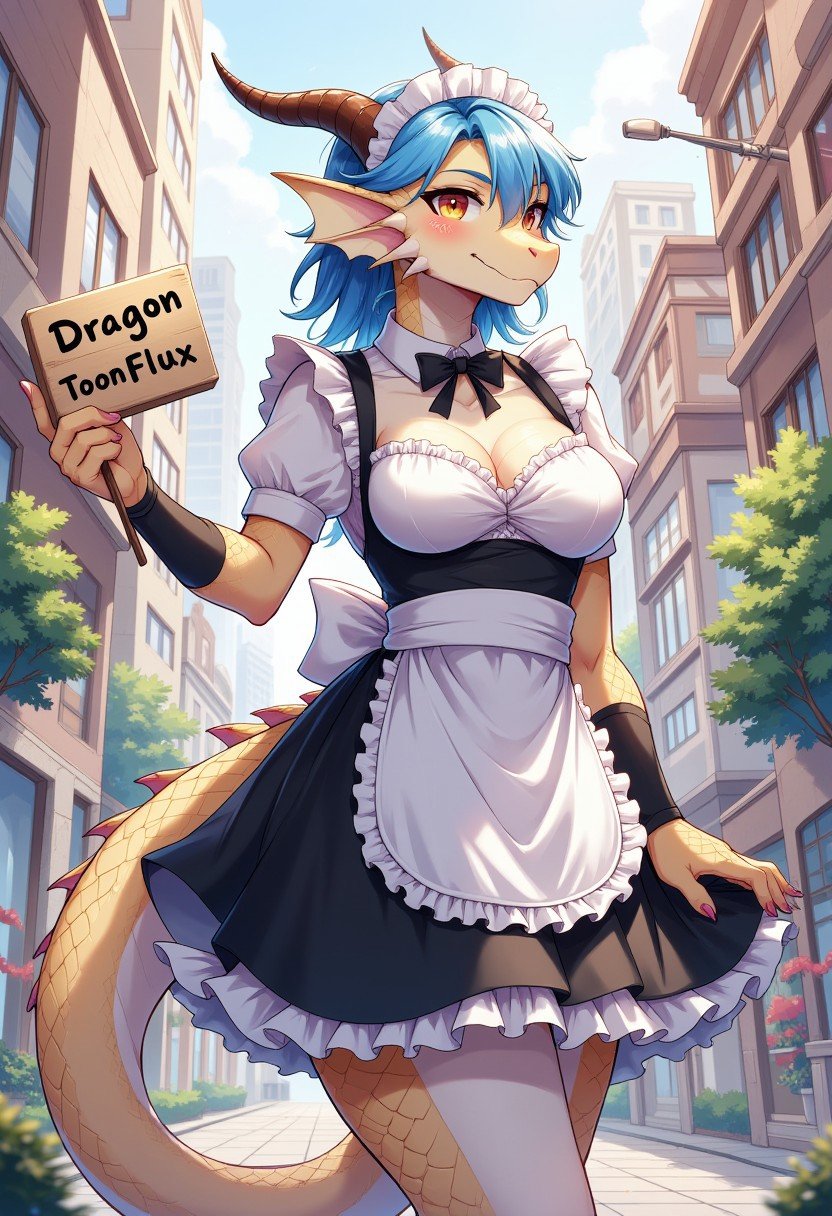 a female dragon anthro in the city wearinga maid outfit, she have blue long hair, orange eyes, curvy horns, big boobs, cleavage and holding a sign saying "DragonToonFlux". dragontoonflux, furry, scaly