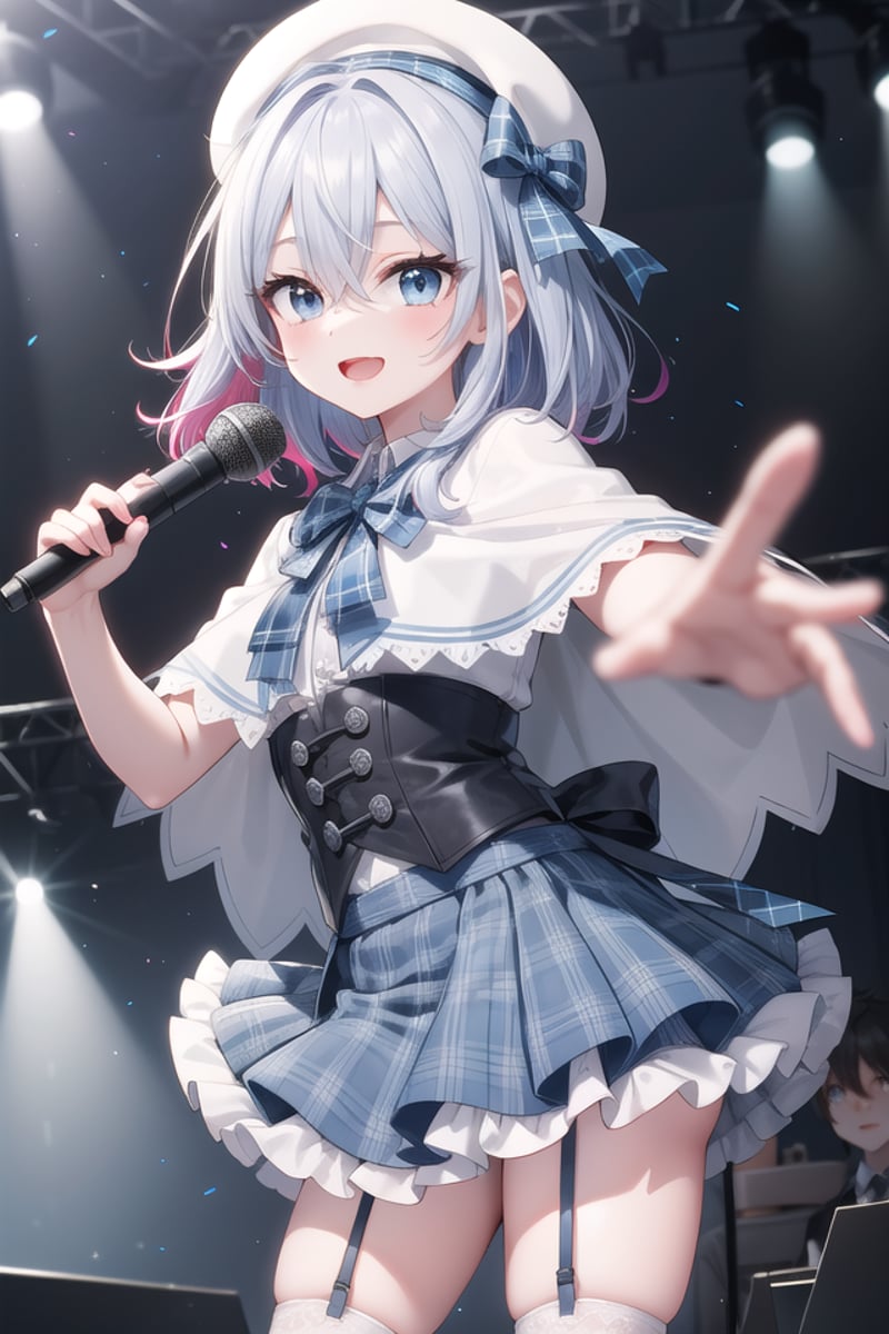 insanely detailed, absurdres, ultra-highres, ultra-detailed, best quality,1girl, solo, nice hands, perfect handsBREAK(nsfw:-1.5),(gothic drress, Idol costume:1.3), (blue and white theme:1.2), (white blouse:1.4), (white collar, tie:1.3), (open short-cape:1.3), (short sleeve:1.2), (blue tartan-check pattern (ruffle-skirt, multilayer-skirt):1.4), (white basque-beret with ribbon:1.3), (Fishnet stockings:1.3), (glove:1.2), (cleavage:-1.5)BREAKhappy smile, laugh, open mouth, (standing, singing, dancing, holding microphone:1.4)BREAK,seductive pose, cowboy shotBREAKslender, kawaii, perfect symmetrical face, ultra cute girl, ultra cute face, ultra detailed eyes, ultra detailed hair, ultra cute, ultra beautifulBREAKindoors, concert hall, idol live, crowded audienceBREAKmedium breastsBREAK(random color hair, multicolored hair:1.2), rainbow color eyes, messy hair, hair between eyes