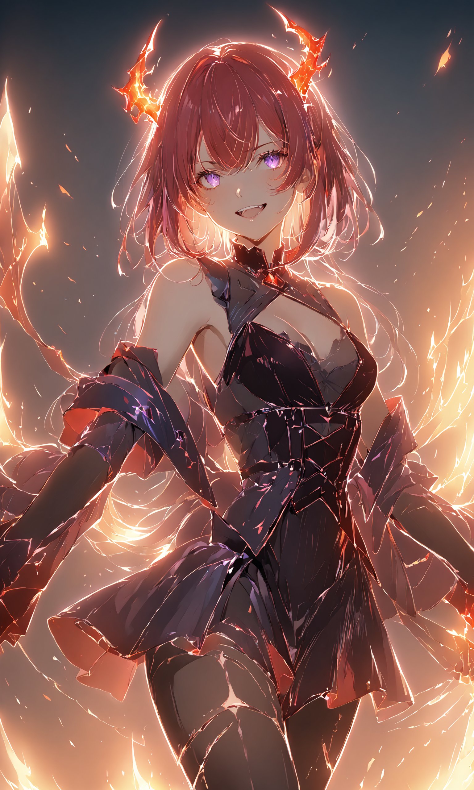 1girl, solo, long hair, breasts, looking at viewer, smile, open mouth, bangs, dress, cleavage, hair between eyes, bare shoulders, medium breasts, purple eyes, jacket, weapon, pantyhose, red hair, one eye closed, horns, sword, black dress, torn clothes, no shoes, demon girl, fire, demon horns, torn pantyhose, torn thighhighs, chest strap, molten rock, surtr \(arknights\), masterpiece, best quality, score_9, score_8_up, score_7_up, <lora:Poutlines-XLoRA:0.85>