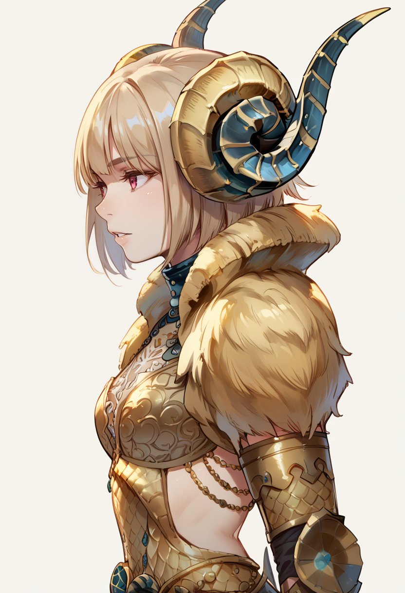 (score_9:0.9),score_8_up,score_7_up,rating_safe,anime style,(zPDXL),<lora:Kulve Taroth Alpha Armor ponyXL v1.3:0.72>,kulve taroth alpha armor,1girl,solo,short hair,gold horn,parted lips,scales,from side,looking to the side,