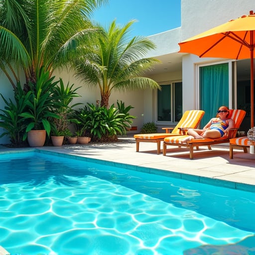 Generate an image of a serene poolside scene in the style of David Hockney. The composition should include a clear blue swimming pool with rippling water, surrounded by vibrant green foliage and modernist architecture. The scene is bathed in bright sunlight, casting sharp shadows. Include a figure lounging on a deck chair, wearing a colorful swimsuit and sunglasses, capturing the essence of a relaxed summer afternoon.