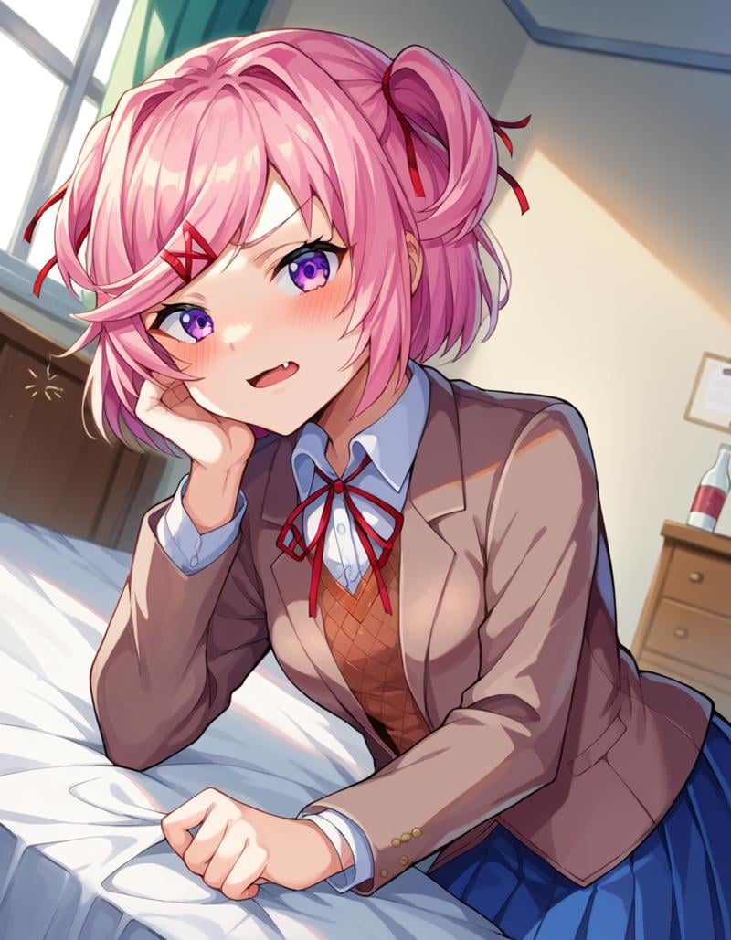 score_9, score_8_up, score_7_up, source_anime,ddlcnatsuki, <lora:ddlc-natsuki-ponyxl-lora-nochekaiser:1>ddlcnatsuki, fang, hair ornament, pink hair, purple eyes, short hair, short sidetail, swept bangs, x hair ornament,blazer, blue skirt, brown jacket, collared shirt, jacket, long sleeves, miniskirt, neck ribbon, pleated skirt, red ribbon, ribbon, school uniform, shirt, skirt, swept bangs, vest, white shirt, wing collar, x hair ornament,indoors, bed, bed room, on side, blush, drunk,looking at viewer, dutch angle, cowboy shot, 