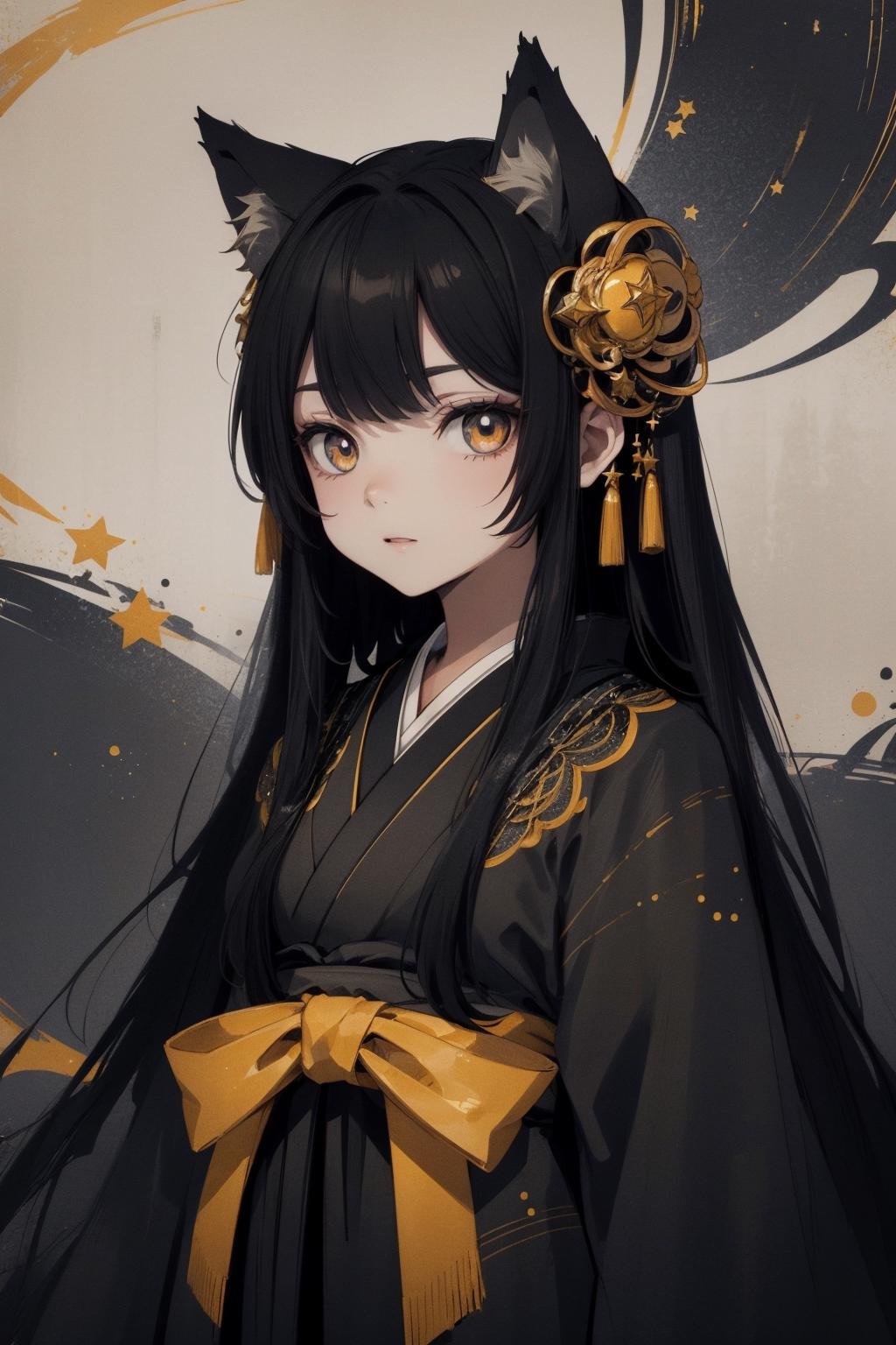 (best quality) ((extremely detailed)), bright black hair and yellow eyes, long hair, big eyes, star-shaped eyes, classic style, classic fashion, hair ornament, wolf ears, Japanese style atmosphere, mysterious background, Olive and black color scheme