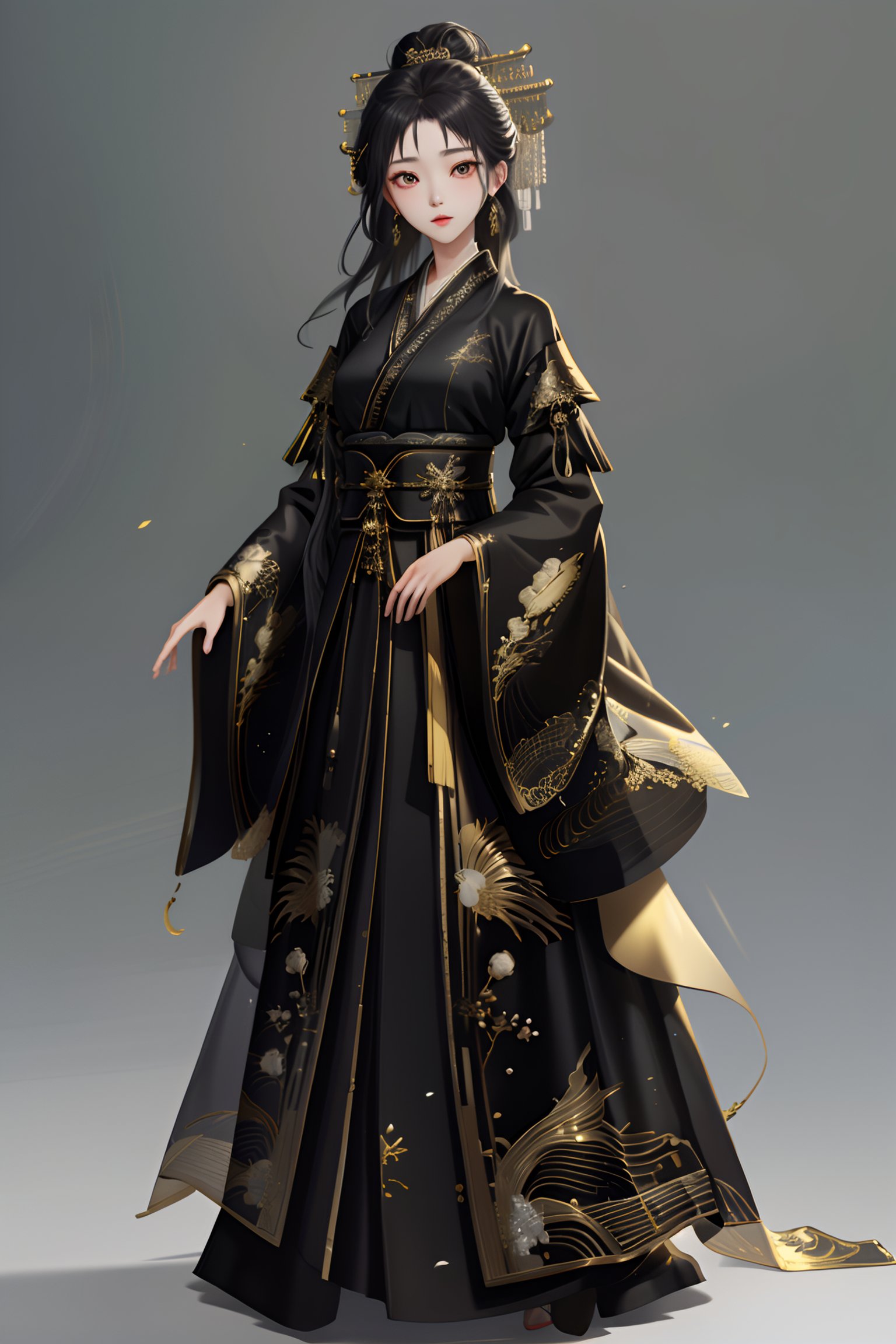 Highest quality,(full body photo: 1.3),Beautiful young woman wearing black hanfu,Translucent,silky,noble temperament,intricate gold embroidery on the clothes,dark background