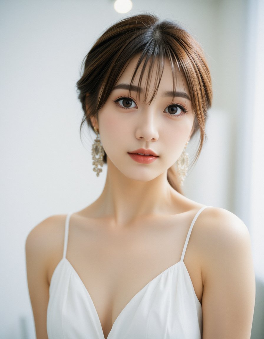 best quality, masterpiece, raw photo of a female in white dress, close up face, brown hair, fashion accessories, looking at viewer, indoor, day time, professional photo, high contrast exposure, soft bokeh, high key light, hard shadow, soft bokeh, simple background, white background,  <lora:hinaFluxAsianMixLora-schnell_v2:0.9>