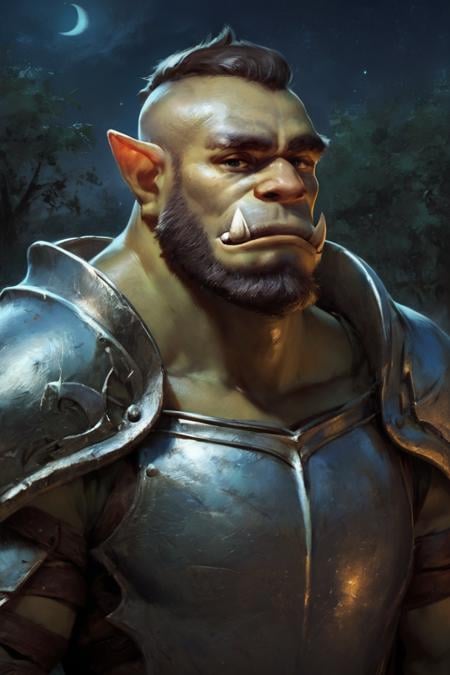 score_9, score_8_up, score_7_up, solo, male focus, mature male, orc, green skin, tusks, beard, outdoors, armor, looking at viewer, shoulder armor, breastplate, upper body, closed mouth, pauldrons, night, night sky, standing <lora:Cold Oil Style SDXL_LoRA_Pony Diffusion V6 XL:1>