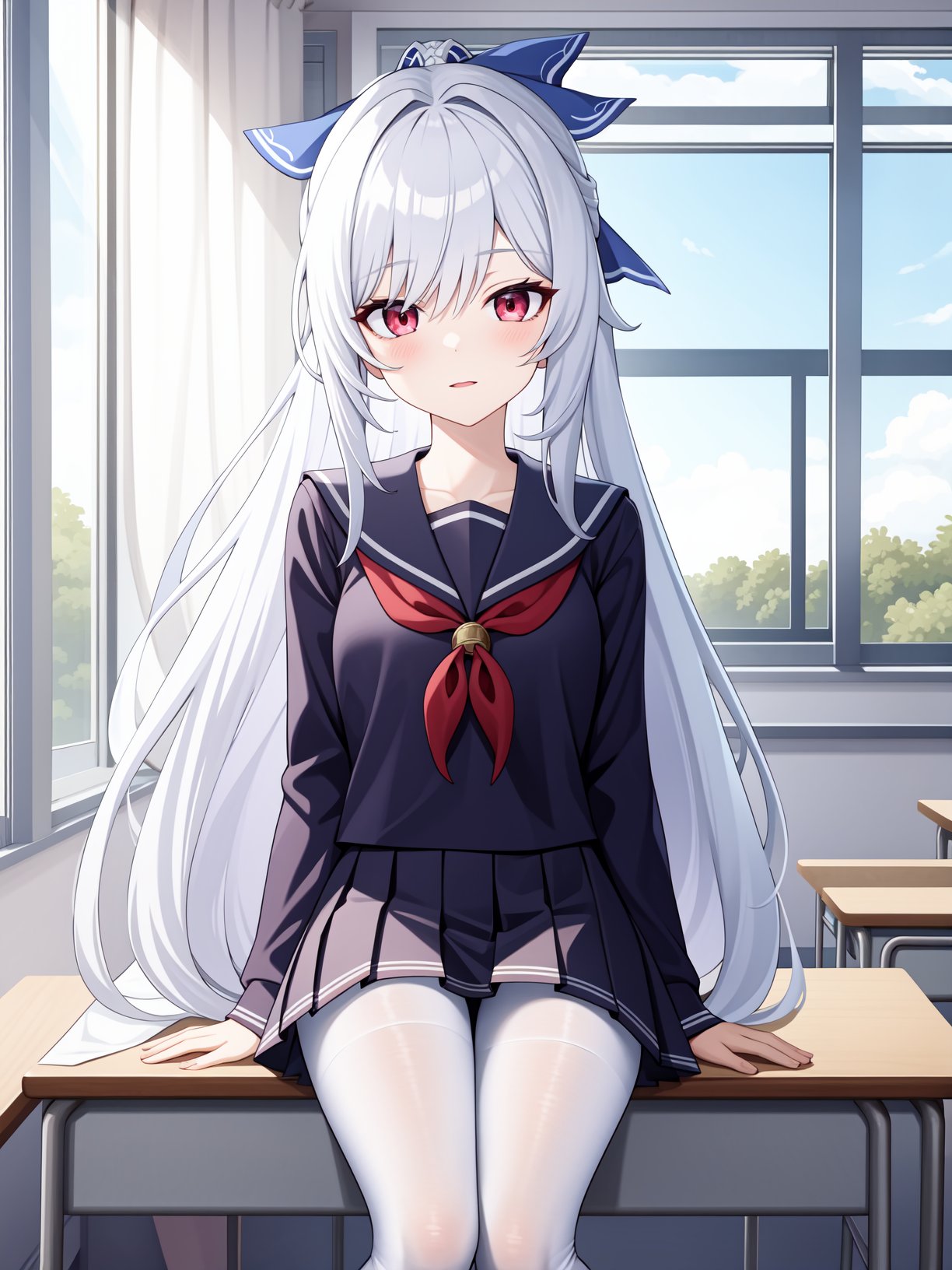 <lora:jingliu-000012:0.75>,jingliu,1girl,solo,long hair,red eyes,bangs,white hair,very long hair,school uniform,classroom,jk,serafuku,white silk stockings,white tights,hair bow,, 1girl,,  (masterpiece,best quality:1.2),absurdres