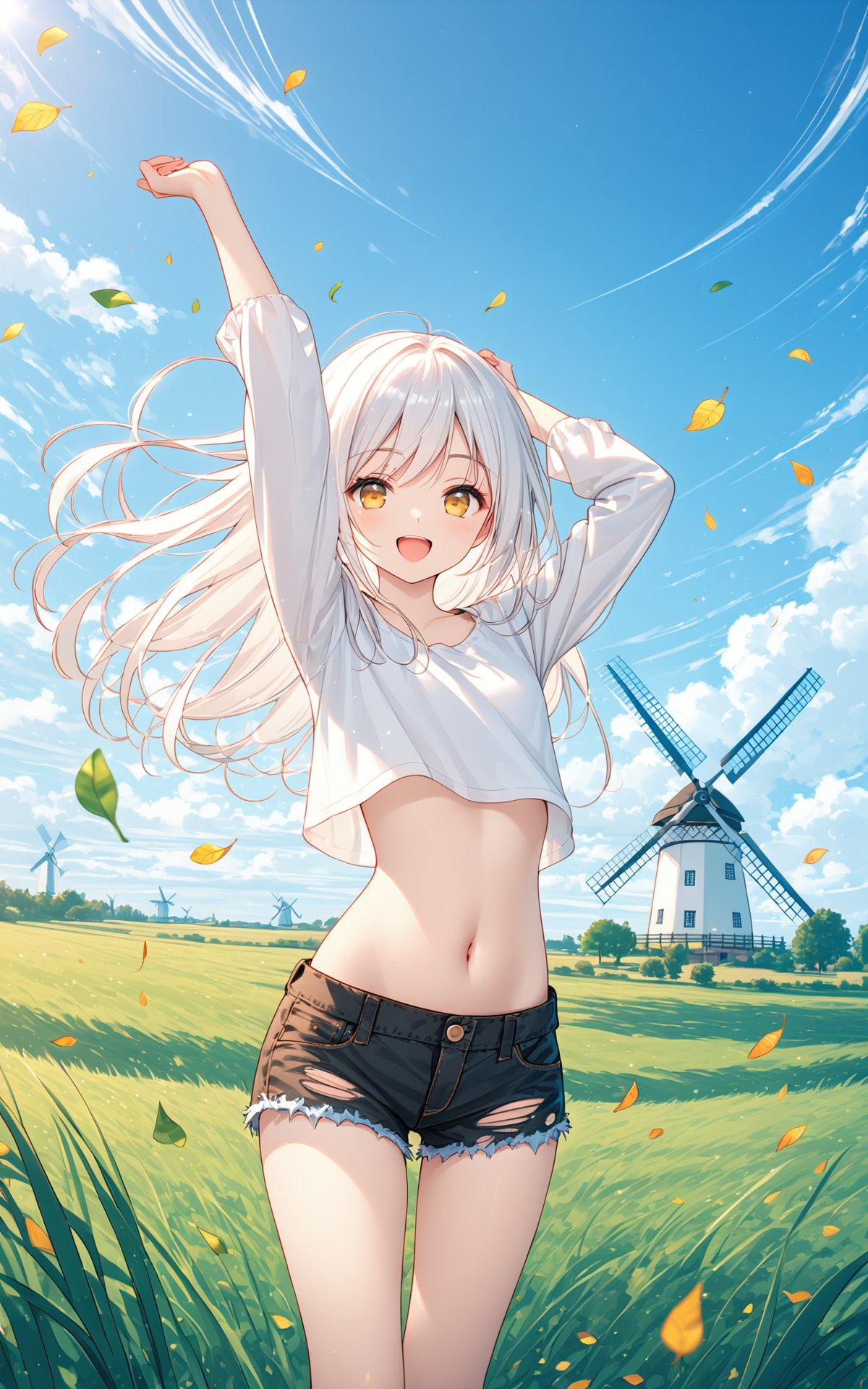 (masterpiece),(best quality),illustration,ultra detailed,hdr,Depth of field,(colorful),1girl,solo,outdoors,shorts,sky,long hair,cloud,navel,falling leaves,cutoffs,arms up,crop top,smile,grass,windmill,midriff,day,black shorts,long sleeves,floating hair,stomach,wind,blue sky,standing,open mouth,shirt,short shorts,denim,white hair,white shirt,yellow eyes,:d,torn shorts,feet out of frame,looking at viewer,denim shorts,leaf,thighs,