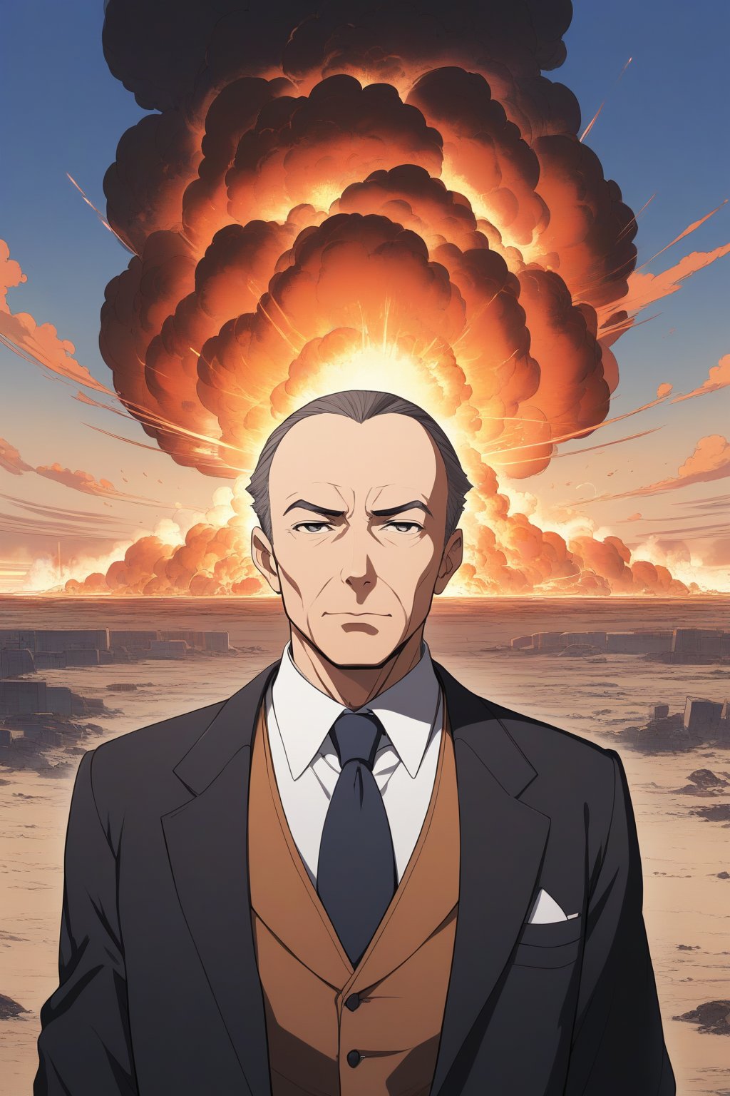 1boy, oppenheimer, facing at camera,  [nuclear explosion behind him], masterpiece, best quality, anime animation,(upperbody shot)