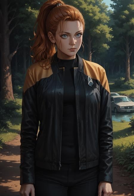 core_9, score_8_up, score_7_up ,score_6_up, 1girl,scenery,ginger,ponytail,pcdjck,Star trek jacket,yellow shoulders,black shirt,<lora:PicardJacketPony>