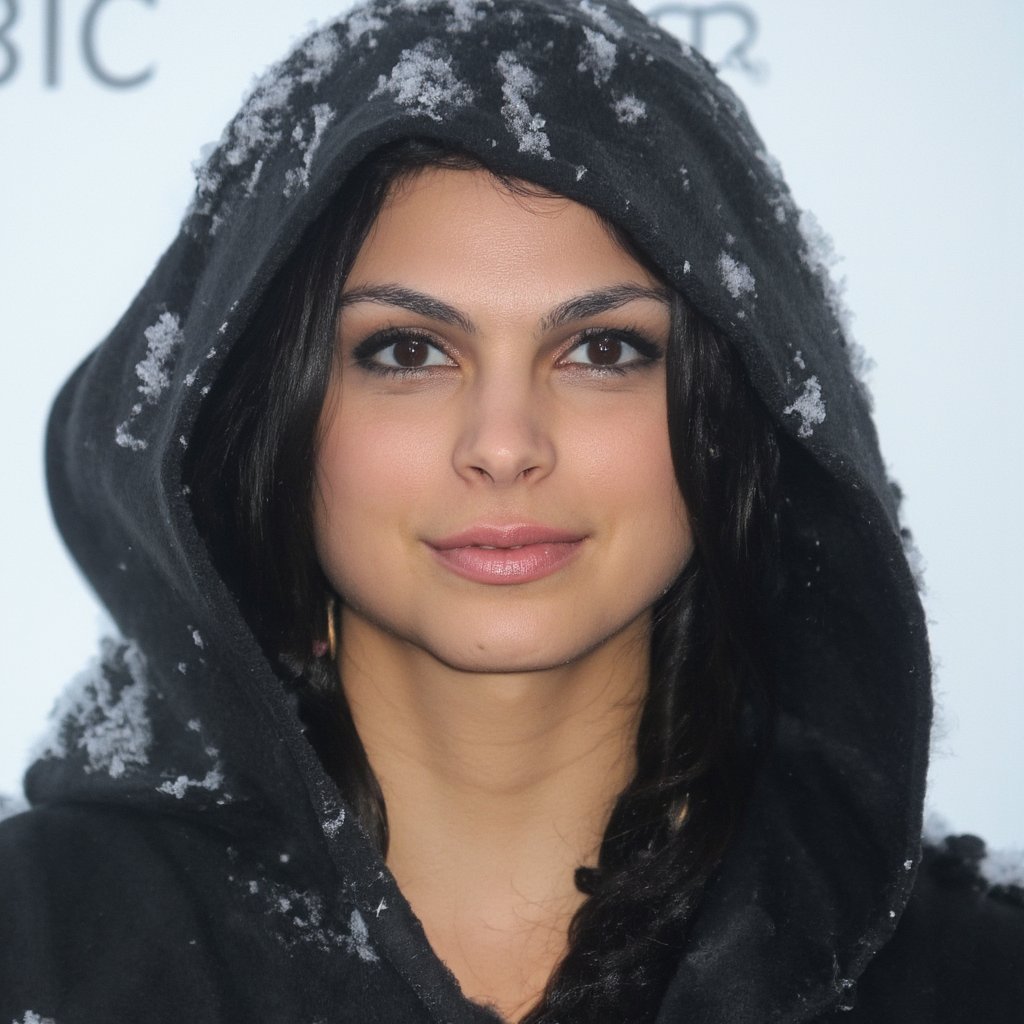 morena_baccarin, A woman is wearing a black hoodie. The hoodie has snow on the top of it. The woman has long black hair and blue eyes. 