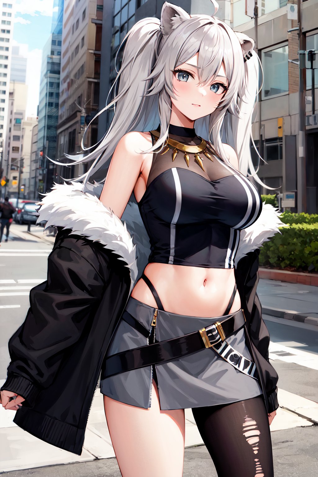 masterpiece, best quality, highres, aabotan, long hair, two side up, ahoge, animal ears, ear piercing, large breasts, necklace, off shoulder, black shirt, sleeveless, fur-trimmed jacket, black jacket, sleeves past wrists, midriff, grey skirt, single leg pantyhose, torn pantyhose, <lora:shishiro_botan_v1:0.7>, standing, cowboy shot, outdoors, street