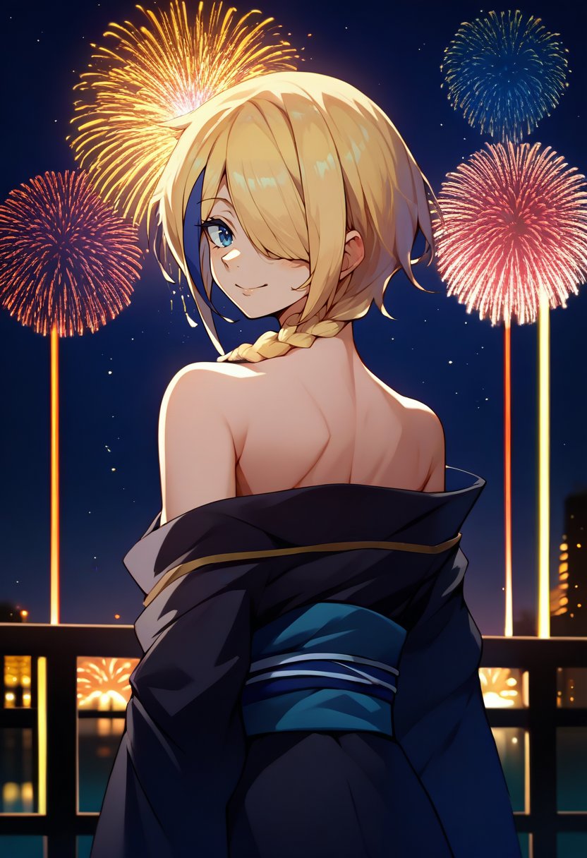 score_9, score_8_up, score_7_up, source_anime, from behind, solo, 1girl, ksclaire, slight smile, looking back, hair over one eye, single braid, blue eyes, black kimono, off shoulder, blue sash, bare shoulders, fireworks <lora:konosuba_claire_ponyXL:1>