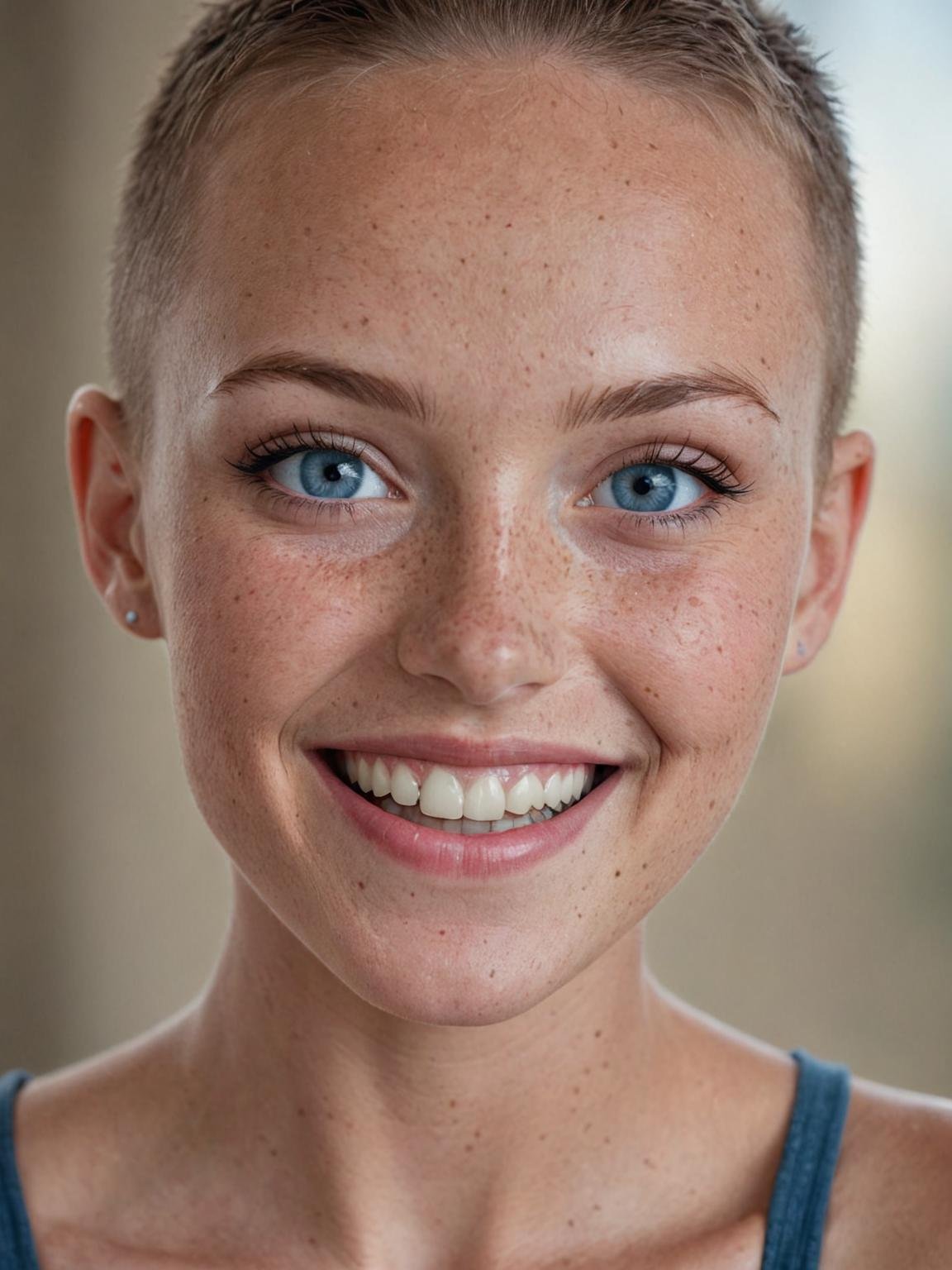 beautiful lady, freckles, big smile, blue eyes, buzzcut hair, dark makeup, hyperdetailed photography, soft light, head and shoulders portrait, cover