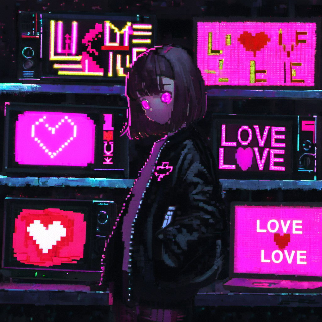 <lora:loneliness_xl_v2:0.8>,The image showcases a dark,neon-lit room with multiple screens displaying various symbols and messages. The central figure is an animated character with pink eyes,wearing a black jacket,standing in front of the screens. The screens display a mix of pixelated heart symbols,the word 'LOVE',and the phrase 'LOVE LOVE LOVE'. The overall ambiance of the image is mysterious and somewhat eerie,with the neon lights casting a glow on the character and the surroundings.,dark,neon-lit,screens,symbols,messages,central figure,animated character,pink eyes,black jacket,LOVE