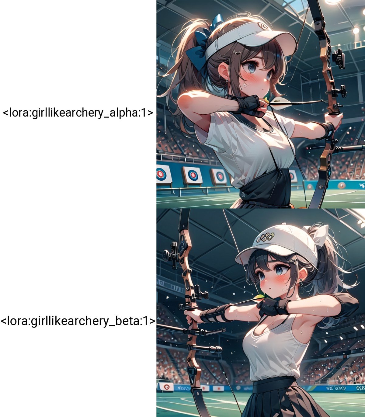 ((archery)), ((bowstring)), holding bow \(weapon\), holding arrow \(projectile\), aiming, fingerless gloves, player uniform, pleated skirt, baseball hat, visor cap, turf, target in range, olympic games venue, 1girl, earrings, sweat, floating hair, cleavage, big tits, brown ponytail, indoors, ceiling, <lora:girllikearchery_alpha:1>