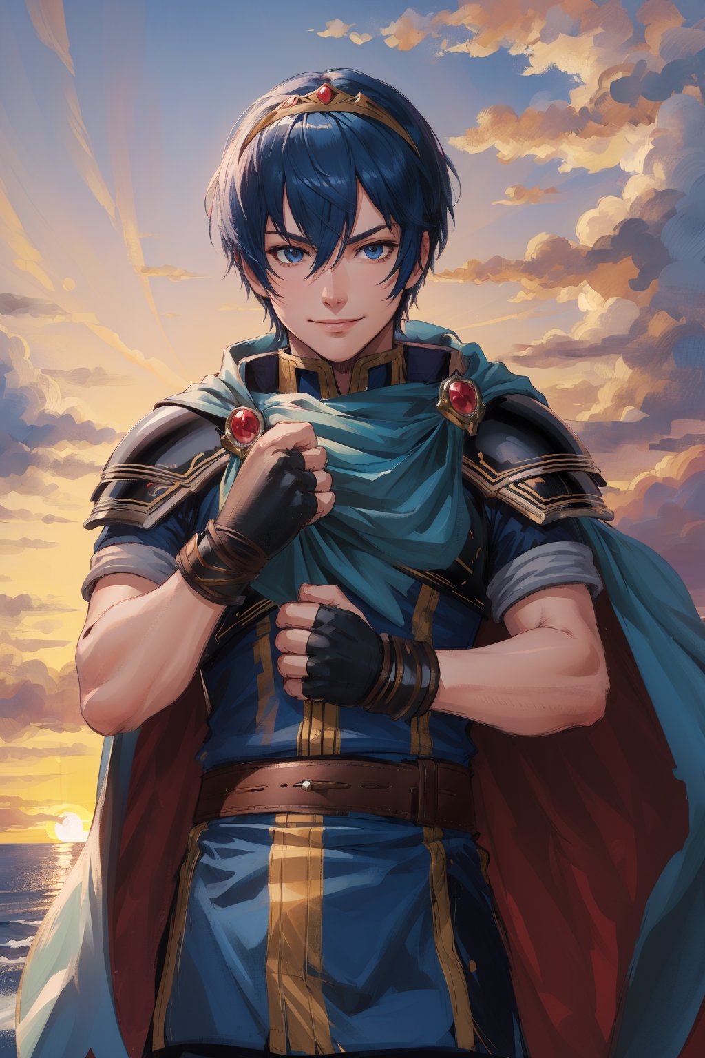 masterpiece, best quality, marth, tiara, cape, armor, blue tunic, fingerless gloves, belt, pants, cowboy shot, standing, clouds, sunset, furrowed brow, smile, looking at viewer, fists <lora:marth-nvwls-v1-000010:0.9>