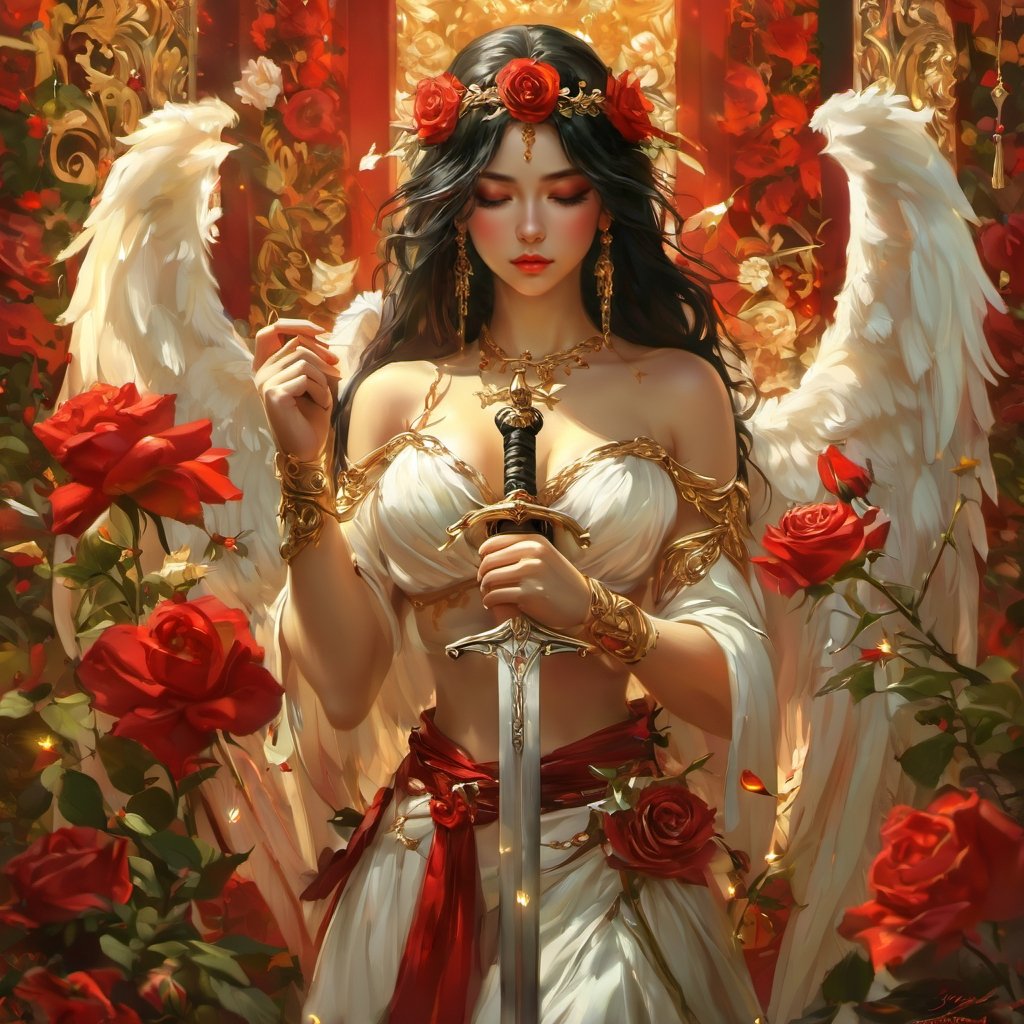 <lora:xltk:0.6>,white wings, 1girl, flower, wings, rose, jewelry, solo, red flower, long hair, weapon, sword, closed eyes, earrings, breasts, red rose, black hair, holding, armlet, red lips, bracelet, petals, angel wings, white flower, holding weapon, feathered wings, angel, artist name, blood, holding sword, bare shoulders, blurry, necklace, chain, depth of field, lips, white rose, gold chain