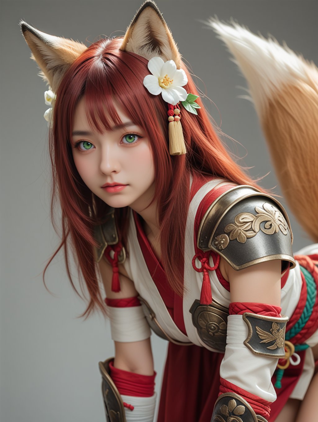 score_9, score_8_up, score_7_up,source_real,rating_explicit,BREAK1girl, red hair, green eyes, armor, hair flower, fox ears, fox tail, samurai, (detailed face and eyes:1.2) BREAK fire, bent over, 