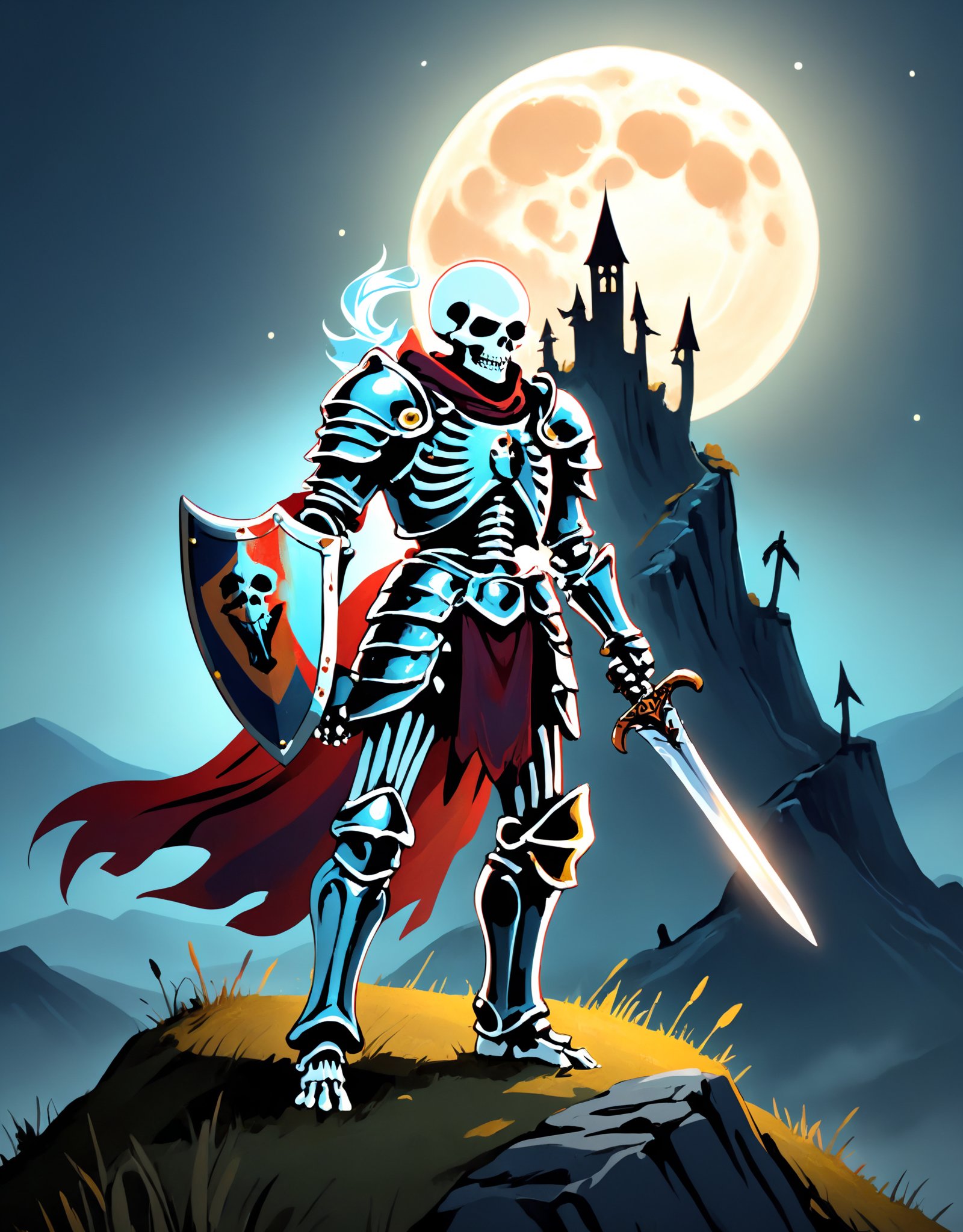 Illustration of a brave skeleton knight clad in ancient armor, wielding a shining sword and shield, standing atop a hill with a full moon in the background, casting an eerie glow on the haunting landscape. 