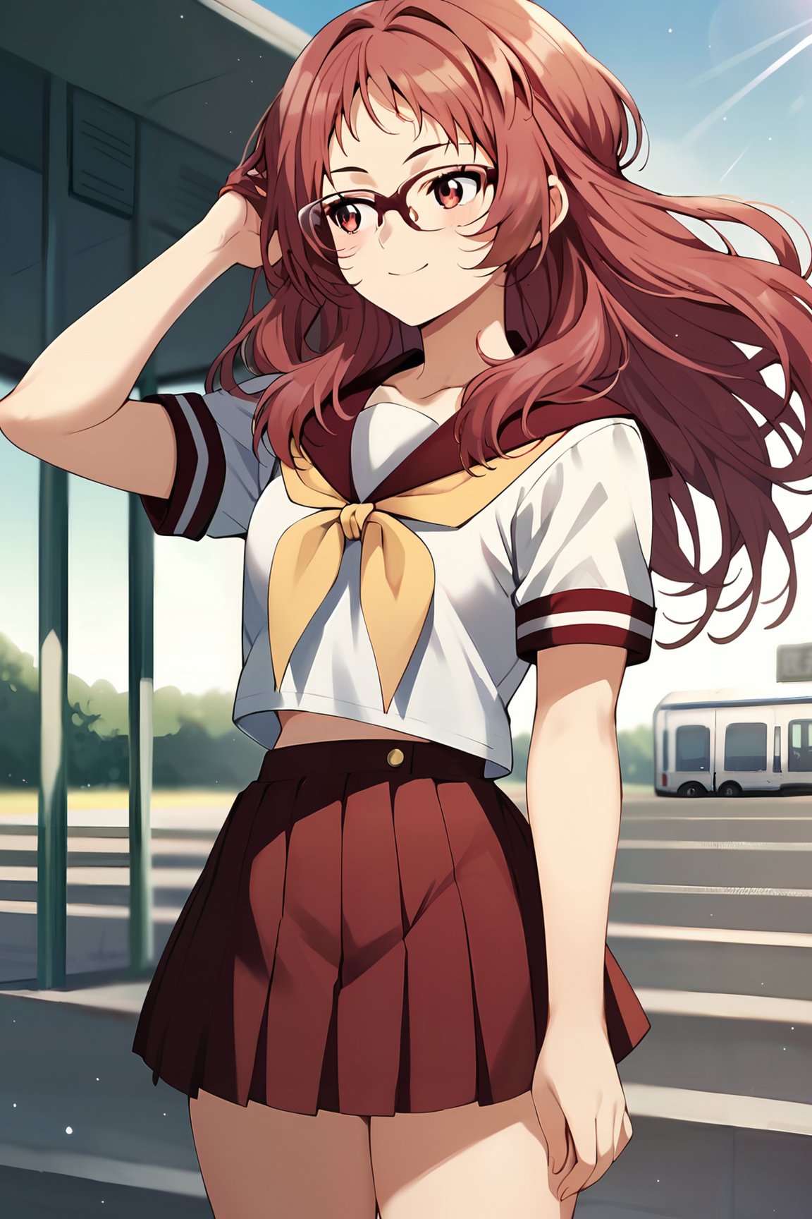 score_9, score_8_up, score_7_up, source_anime, zPDXL2, 1girl, <lora:ai_mie:1>, miewz, red eyes, glasses, red hair, long hair, serafuku, sailor collar, yellow neckerchief, white shirt, school uniform, red skirt, pleated skirt, standing, bus stop, looking to the side, floating hair, light rays, cowboy shot, light smile, outdoors, rating_general, adjusting hair, <lora:sd_xl_dpo_lora_v1:1>