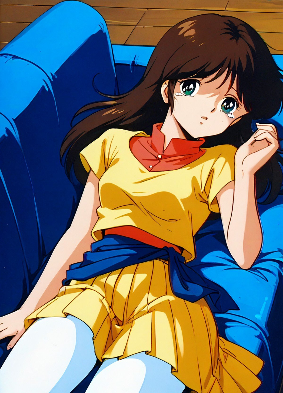 score_9, score_8_up, score_7_up, masterpiece, best quality, very aesthetic, absurdres, official art, official style, anime screencap, megami magazine, zPDXL2, zPDXLxxx, rating_safe, sfw, 1980s \(style\), retro artstyle <lora:Cream Lemon Nonomura Ami Pony v1_epoch_10:1.0>, 1girl, (solo, solo focus:1.1), cream_ami, (medium breasts:1.2), green eyes, BREAK, brown hair, bangs, BREAK, (yellow dress, short sleeves, yellow skirt, pleated skirt:1.2), BREAK, (undershirt:1.2), orange shirt, BREAK, sash, blue sash, BREAK, white pantyhose, BREAK, (no humans:1.3), 4fingers, 1thumb, <lora:neg4all_bdsqlsz_xl_V91:1.0> <lora:ALTXL_pony_0061_8:2.0>, <lora:Difference_SaturationEbaraPonyCoolTemperatureV2_1e04:1.0>, indoors, lying on couch, disappear, raised eyebrows, pouty lips, tears, dim lighting, from above,